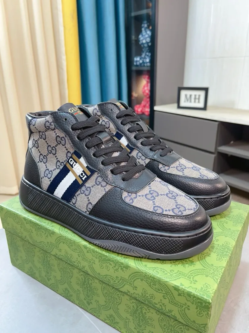 Men's shoes 💰438🌹🌹GUCCI [Gucci] New high-top men's shoes, a high-end brand, the latest fashionable casual men's shoes, trendy and versatile, relaxed and sporty style, uppers imported from Italy, first-layer cowhide, genuine leather lining, and ultra-fine workmanship. Original personalized fashionable rubber wear-resistant outsole, light and comfortable on the foot, size 38-44